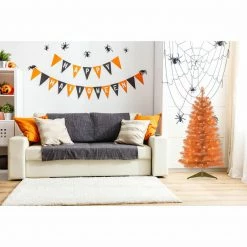 Fraser Hill Farm Haunted Hill Farm 4-Ft. Spooky Orange Tinsel Tree, Warm White LED Lights, Gold Base