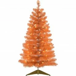 Fraser Hill Farm Haunted Hill Farm 3-Ft. Spooky Orange Tinsel Tree W/ Warm White LED Lights, Gold Base