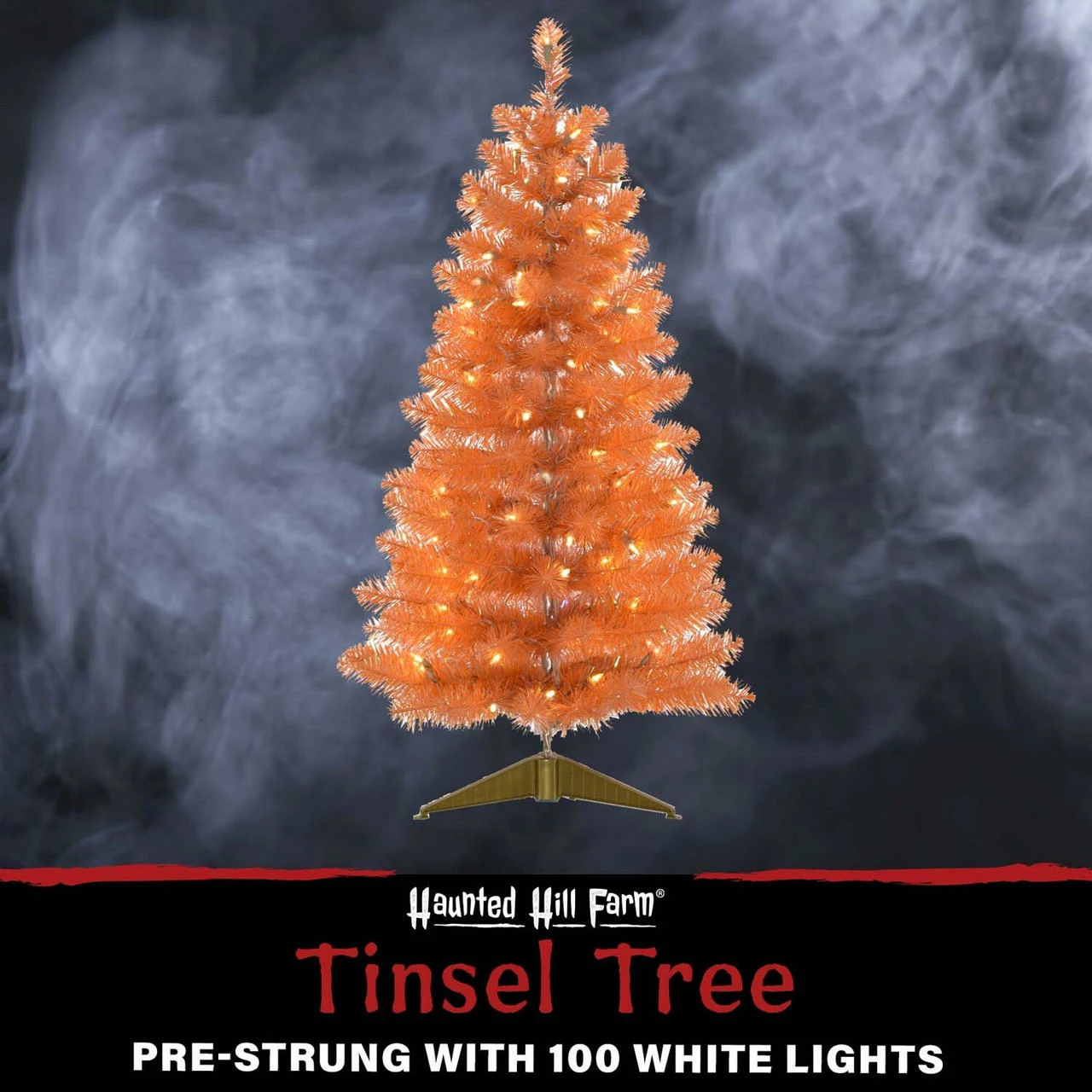 Fraser Hill Farm Haunted Hill Farm 3-Ft. Spooky Orange Tinsel Tree W/ Warm White LED Lights, Gold Base - Image 2