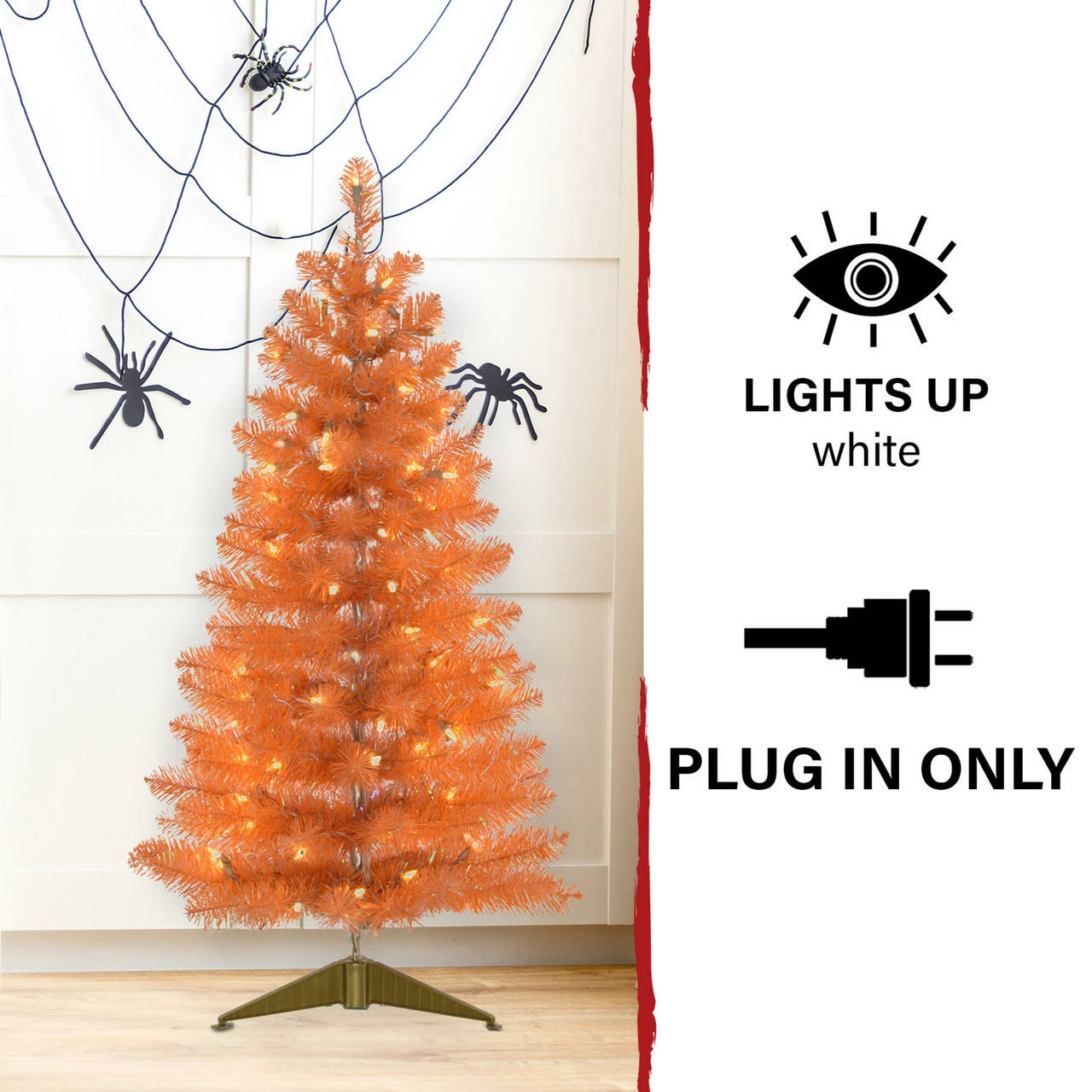 Fraser Hill Farm Haunted Hill Farm 3-Ft. Spooky Orange Tinsel Tree W/ Warm White LED Lights, Gold Base - Image 3