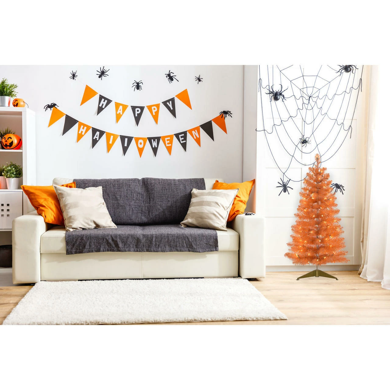 Fraser Hill Farm Haunted Hill Farm 3-Ft. Spooky Orange Tinsel Tree W/ Warm White LED Lights, Gold Base - Image 7
