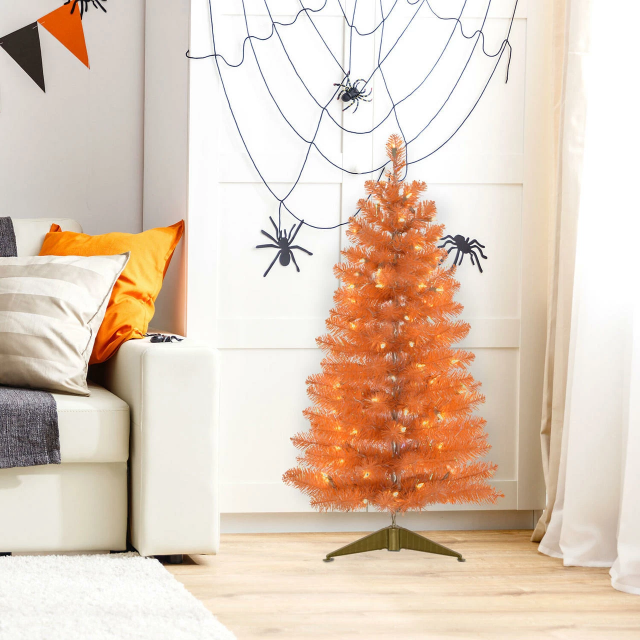 Fraser Hill Farm Haunted Hill Farm 3-Ft. Spooky Orange Tinsel Tree W/ Warm White LED Lights, Gold Base - Image 8