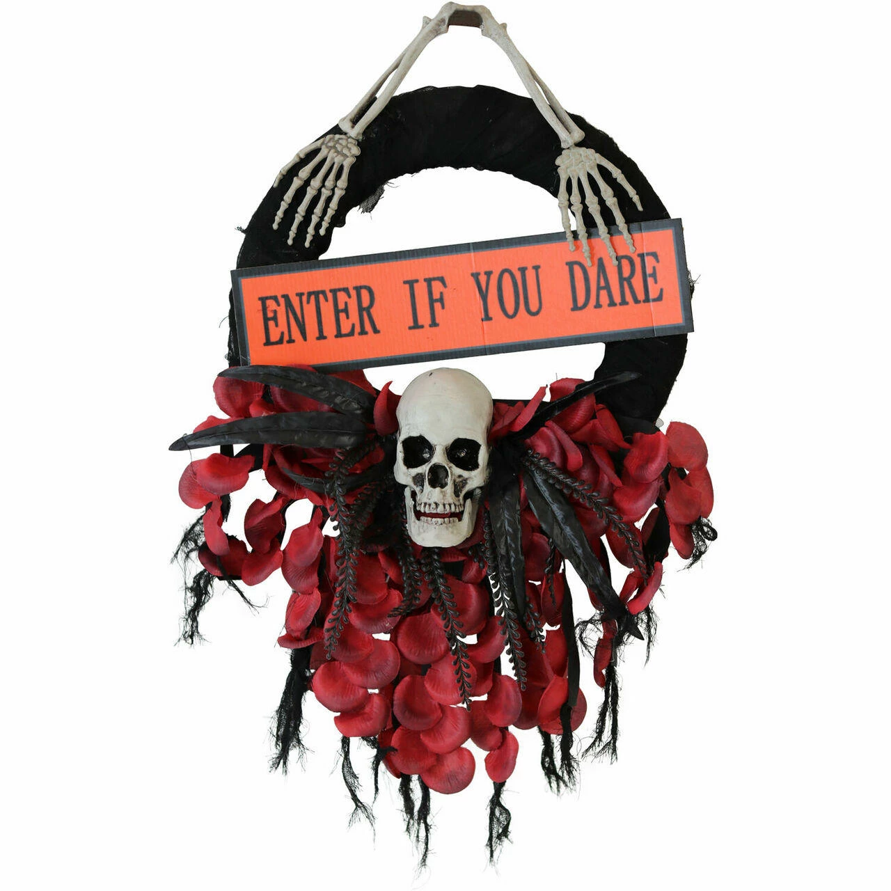 Fraser Hill Farm Haunted Hill Farm 2.25-ft. Halloween Wreath W/ Skull, "Enter If You Dare" Sign, Battery Operated