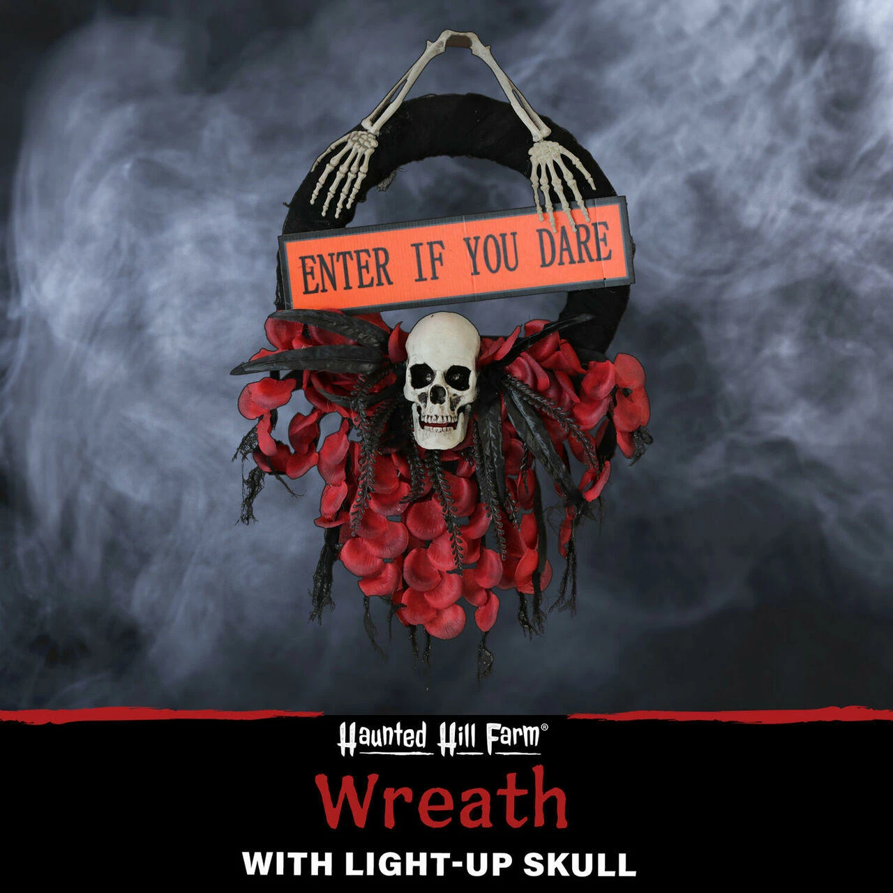 Fraser Hill Farm Haunted Hill Farm 2.25-ft. Halloween Wreath W/ Skull, "Enter If You Dare" Sign, Battery Operated - Image 2