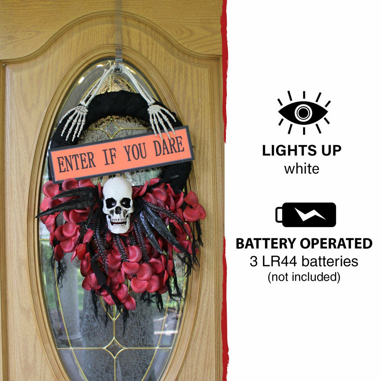 Fraser Hill Farm Haunted Hill Farm 2.25-ft. Halloween Wreath W/ Skull, "Enter If You Dare" Sign, Battery Operated - Image 3