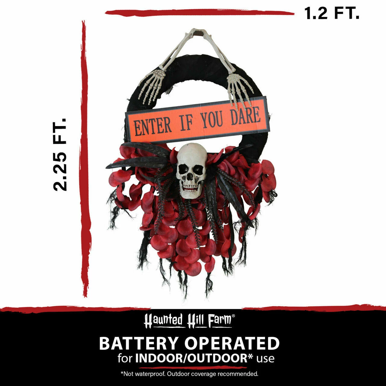 Fraser Hill Farm Haunted Hill Farm 2.25-ft. Halloween Wreath W/ Skull, "Enter If You Dare" Sign, Battery Operated - Image 4