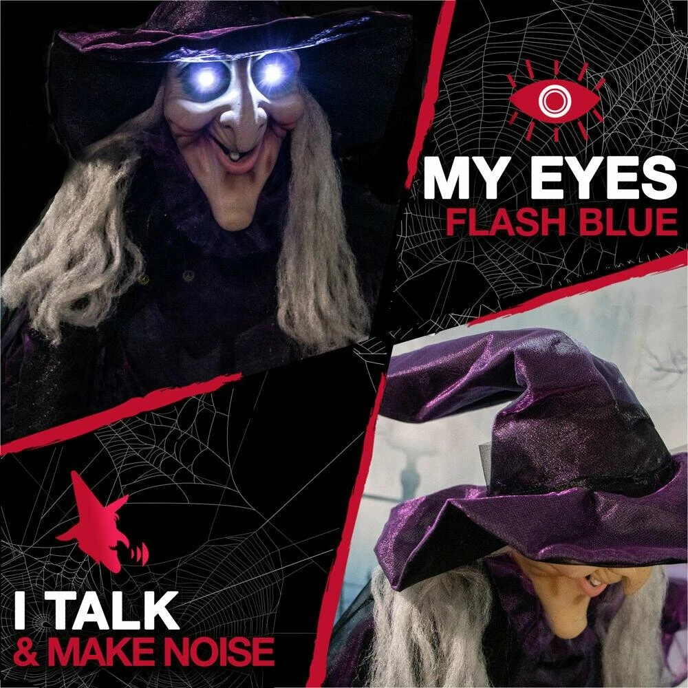 Fraser Hill Farm Life-Size Animatronic Talking Witch W/ Broomstick & Rotating Body - Image 2