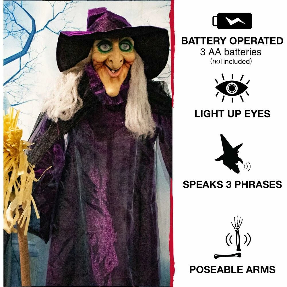 Fraser Hill Farm Life-Size Animatronic Talking Witch W/ Broomstick & Rotating Body - Image 3