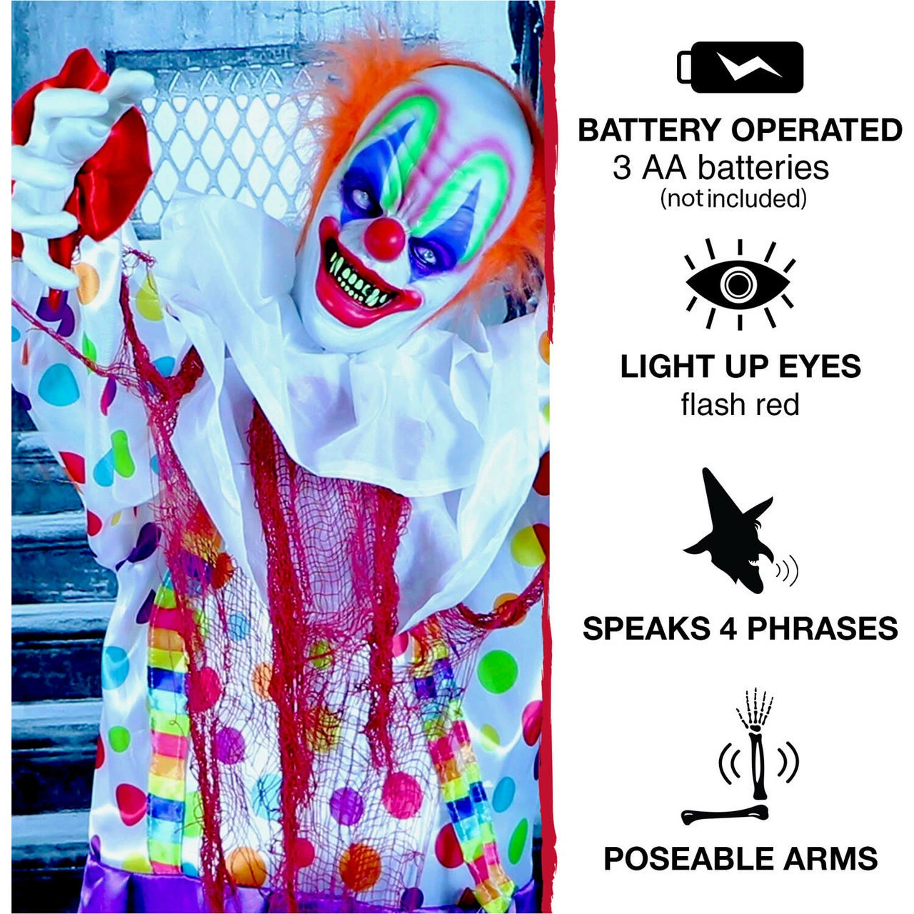 Fraser Hill Farm Haunted Hill Farm 65-In. Scary Talking Clown Prop With Flashing Red Eyes, Indoor Or Covered Outdoor Halloween Decoration, Battery-Operated, HHCLOWN-1FLA - Image 3