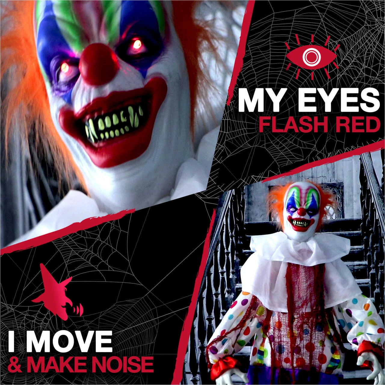 Fraser Hill Farm Haunted Hill Farm 65-In. Scary Talking Clown Prop With Flashing Red Eyes, Indoor Or Covered Outdoor Halloween Decoration, Battery-Operated, HHCLOWN-1FLA - Image 4