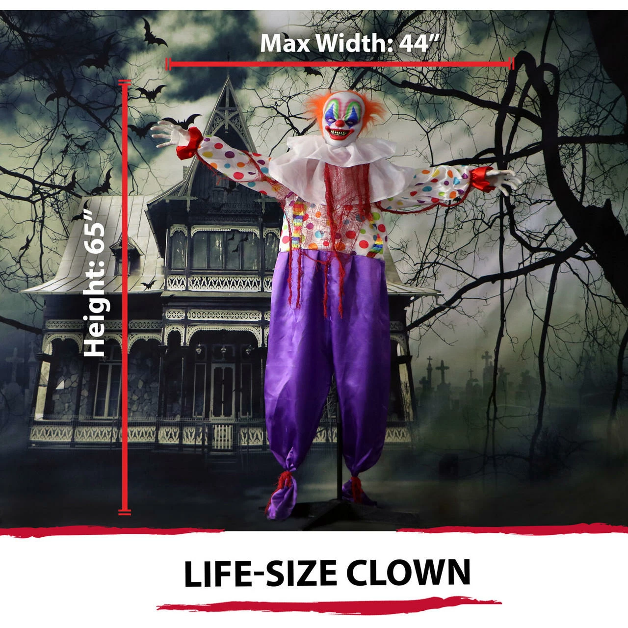Fraser Hill Farm Haunted Hill Farm 65-In. Scary Talking Clown Prop With Flashing Red Eyes, Indoor Or Covered Outdoor Halloween Decoration, Battery-Operated, HHCLOWN-1FLA - Image 6