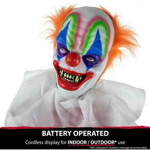 Fraser Hill Farm Haunted Hill Farm 65-In. Scary Talking Clown Prop With Flashing Red Eyes, Indoor Or Covered Outdoor Halloween Decoration, Battery-Operated, HHCLOWN-1FLA - Image 7