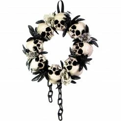 Fraser Hill Farm 15.7-In. Skulls And Chains Wreath, Halloween Door Or Wall Decoration, White-Black-Gray