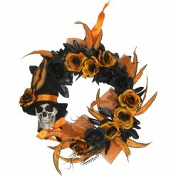 Fraser Hill Farm Haunted Hill Farm 17.7-In. Prelit Flower And Skull Wreath, Halloween Door Or Wall Decoration, Battery Operated, Orange-Black-Purple