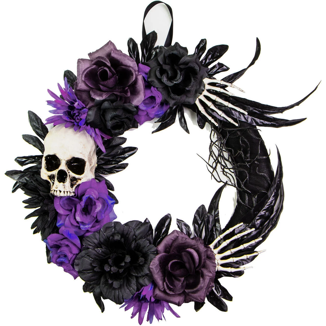 Fraser Hill Farm Haunted Hill Farm 17-In. Flower And Skull Wreath, Halloween Door Or Wall Decoration, Purple-Black
