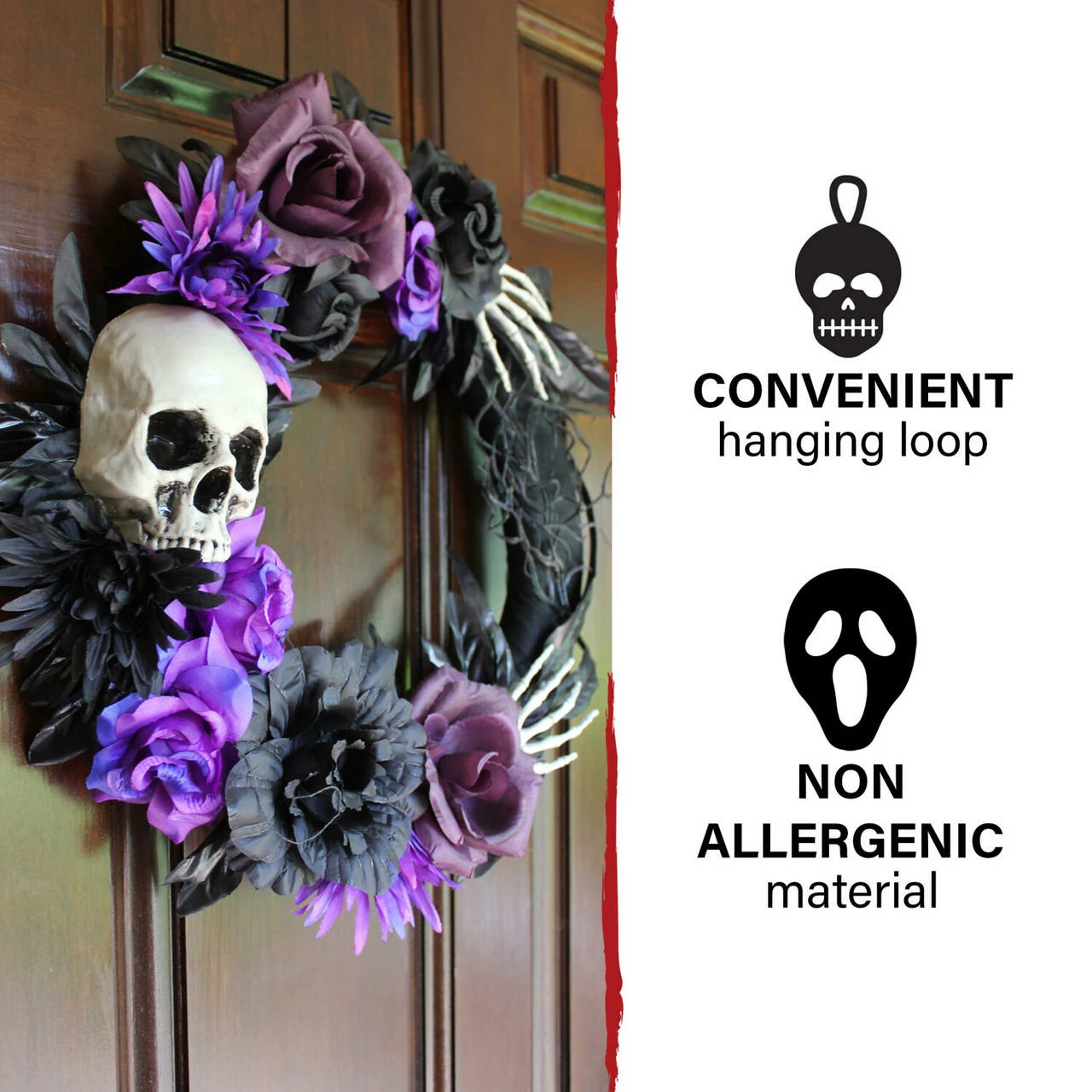 Fraser Hill Farm Haunted Hill Farm 17-In. Flower And Skull Wreath, Halloween Door Or Wall Decoration, Purple-Black - Image 2