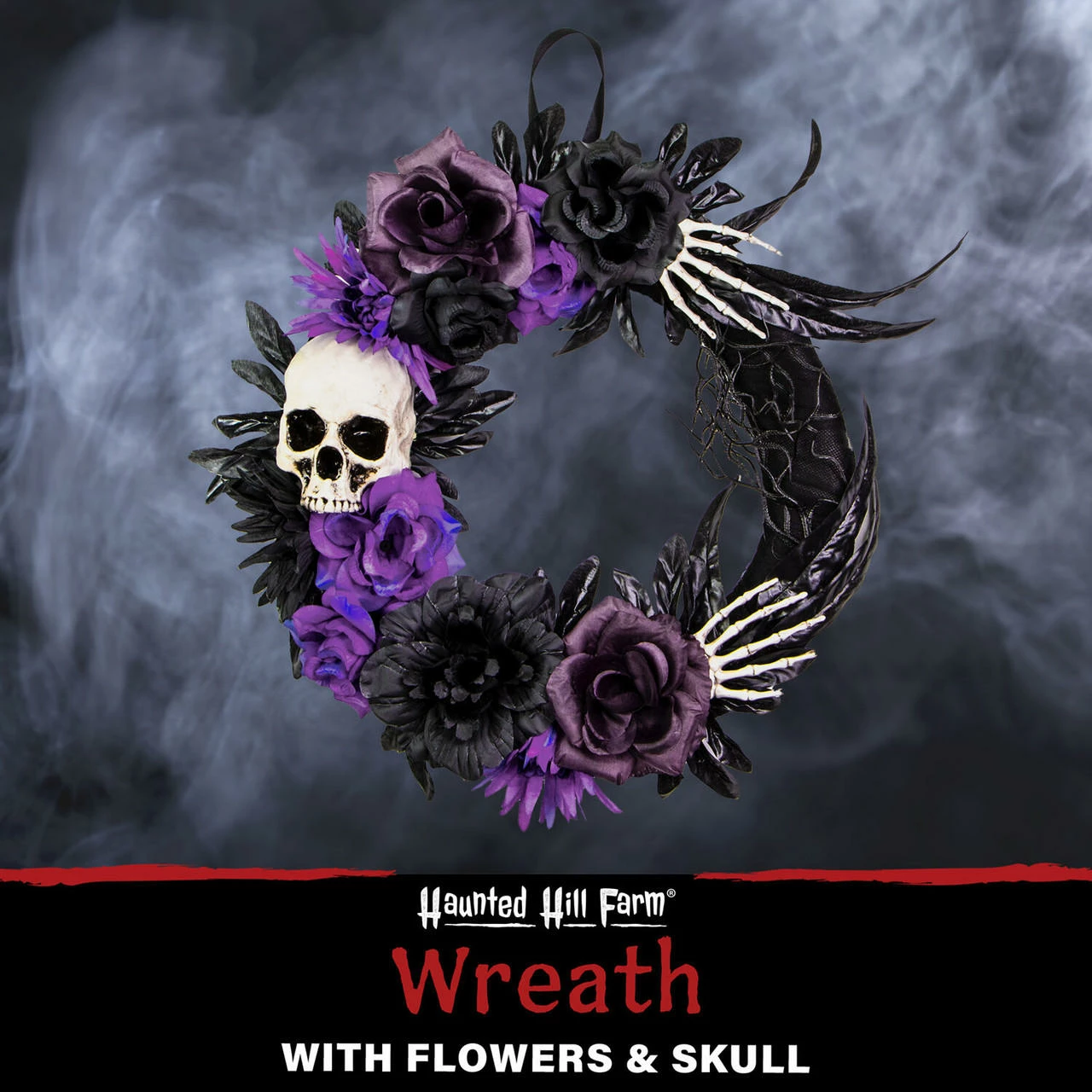 Fraser Hill Farm Haunted Hill Farm 17-In. Flower And Skull Wreath, Halloween Door Or Wall Decoration, Purple-Black - Image 3