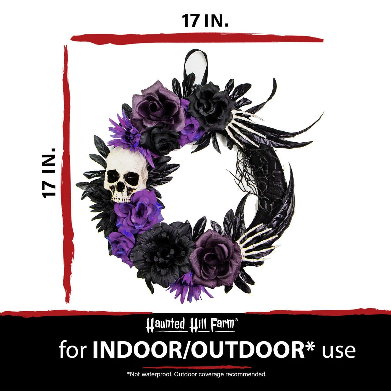 Fraser Hill Farm Haunted Hill Farm 17-In. Flower And Skull Wreath, Halloween Door Or Wall Decoration, Purple-Black - Image 4