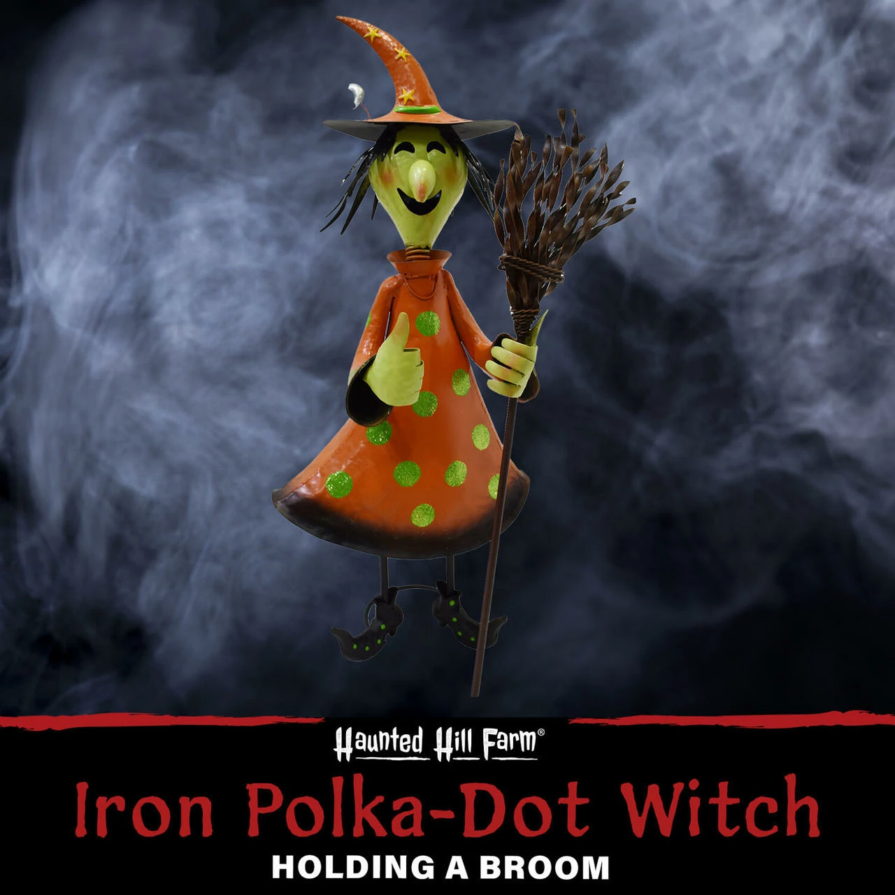Fraser Hill Farm Haunted Hill Farm 31-In. Iron Polka-Dot Witch Holding A Broom With Optional Lawn Stake, Indoor Or Outdoor Halloween Decoration, Orange - Image 2