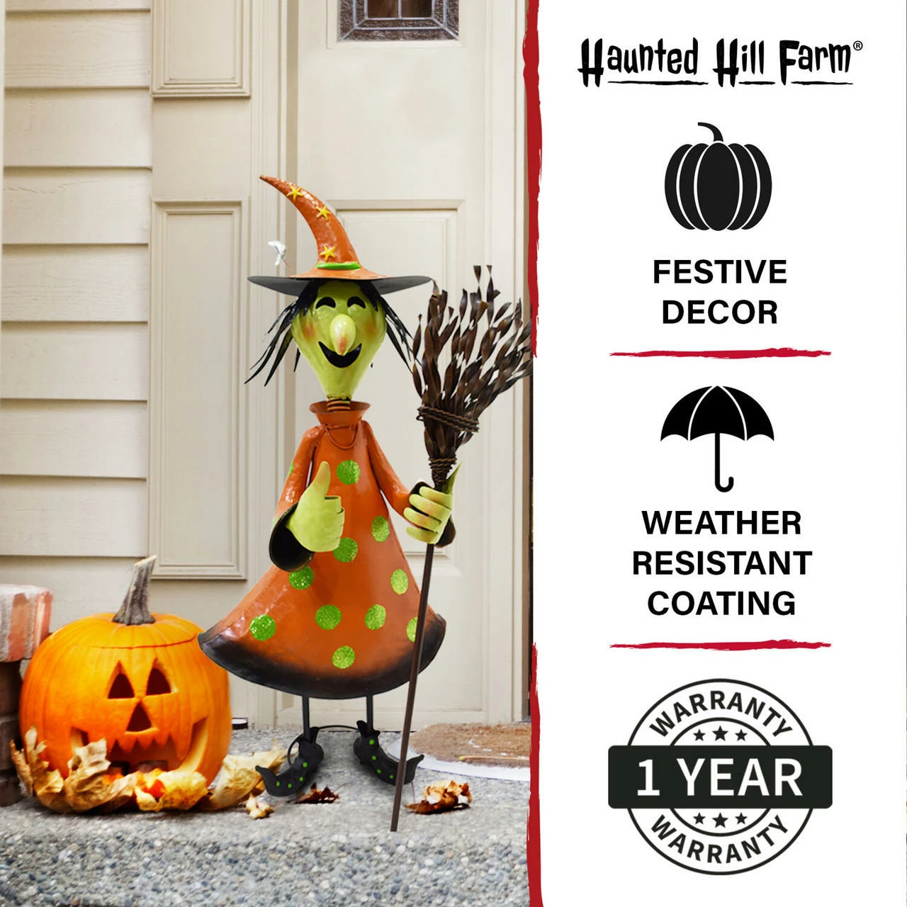 Fraser Hill Farm Haunted Hill Farm 31-In. Iron Polka-Dot Witch Holding A Broom With Optional Lawn Stake, Indoor Or Outdoor Halloween Decoration, Orange - Image 3