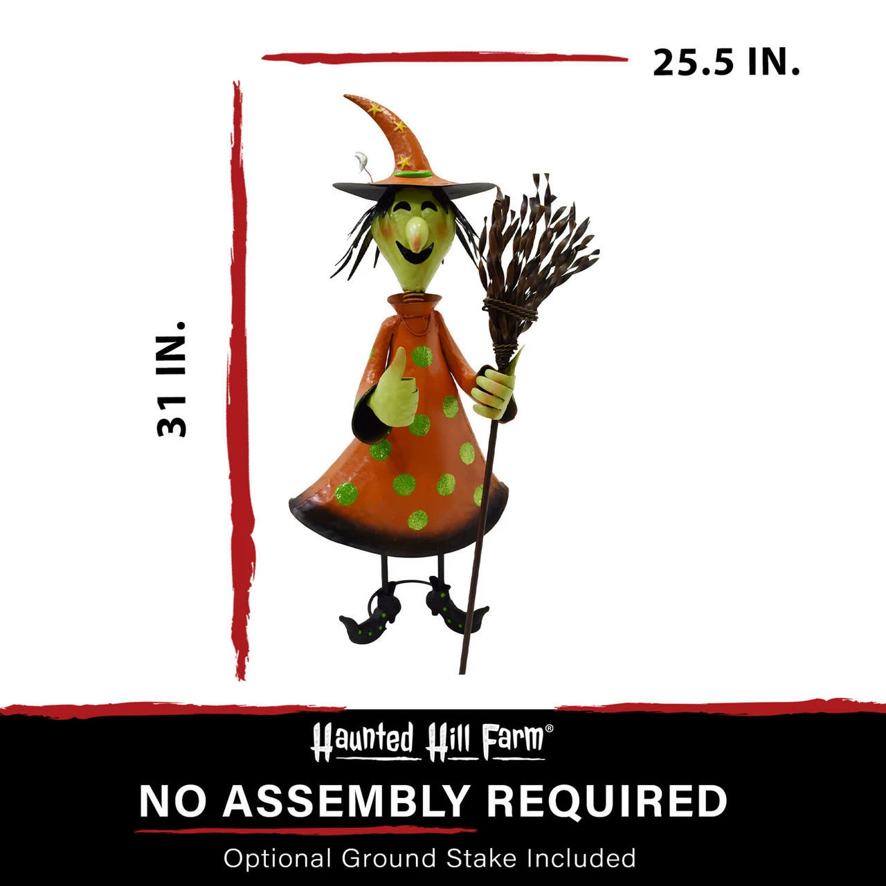 Fraser Hill Farm Haunted Hill Farm 31-In. Iron Polka-Dot Witch Holding A Broom With Optional Lawn Stake, Indoor Or Outdoor Halloween Decoration, Orange - Image 4
