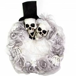 Fraser Hill Farm Haunted Hill Farm 17-In. Prelit Bride And Groom Skull Wreath, Halloween Door Or Wall Decoration, Battery Operated, White-Red