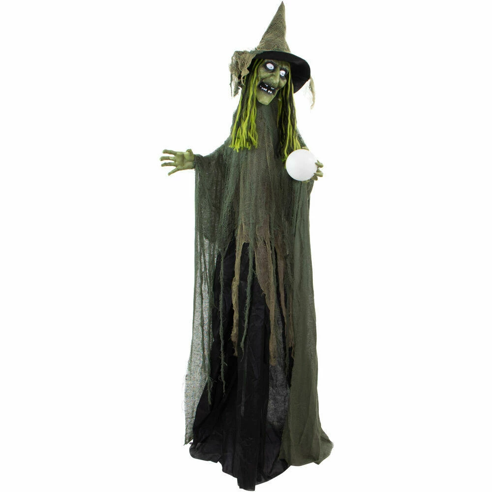 Fraser Hill Farm Haunted Hill Farm 6-Ft. Buella The Animated Fortune-Telling Witch, Indoor Or Covered Outdoor Halloween Decoration, Battery Operated