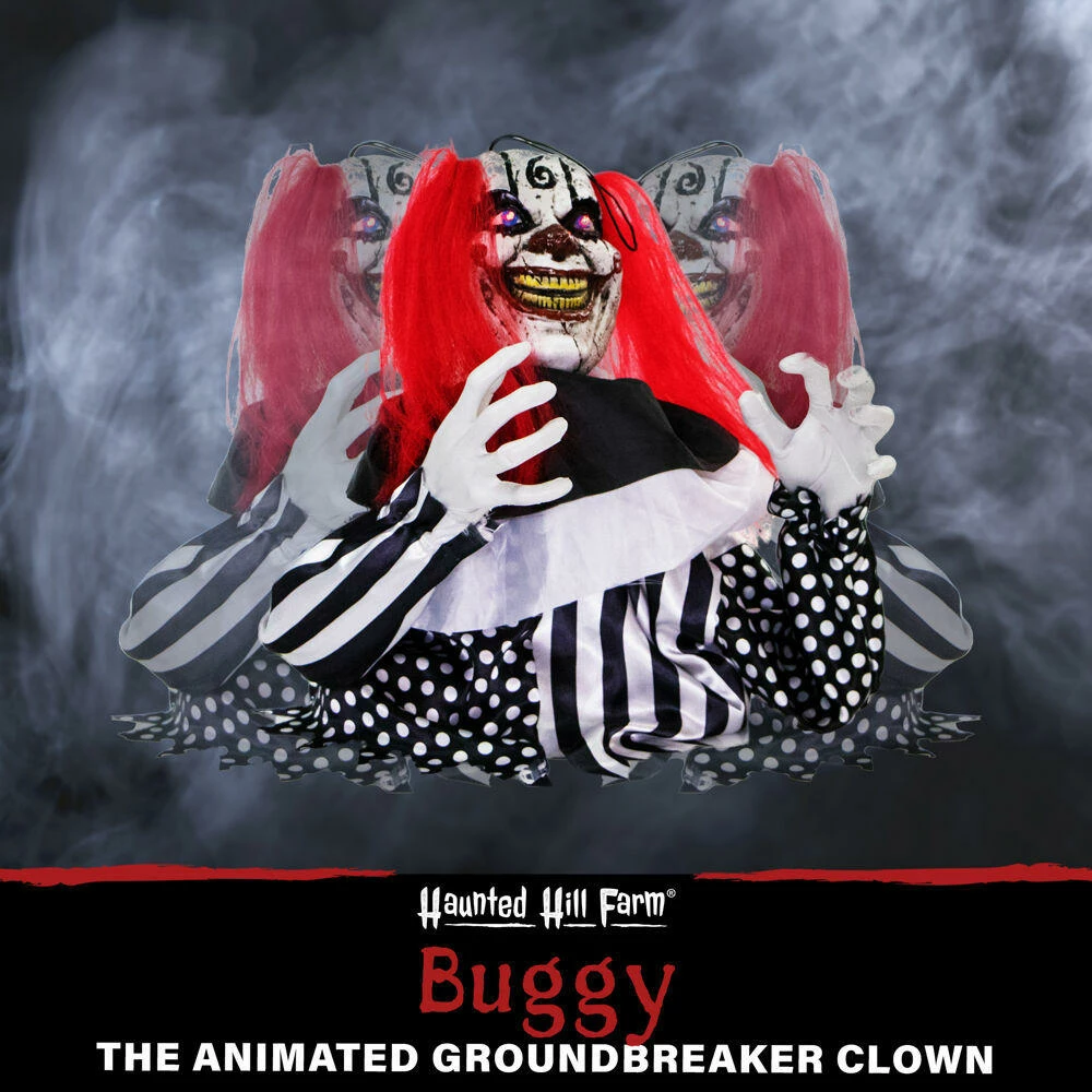 Fraser Hill Farm Haunted Hill Farm 18-In. Buggy The Animated Groundbreaker Clown, Indoor Or Covered Outdoor Halloween Decoration, Battery Operated - Image 2