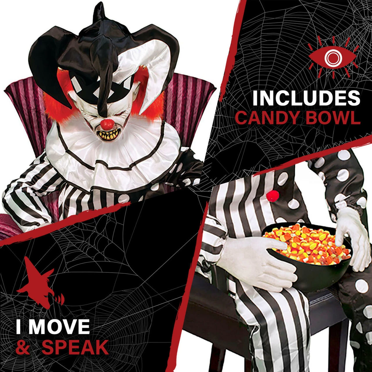 Fraser Hill Farm Haunted Hill Farm Sitting ScareClown By Tekky, Indoor Or Covered Outdoor Premium Halloween Animatronic, Plug-In Or Battery Operated - Image 4