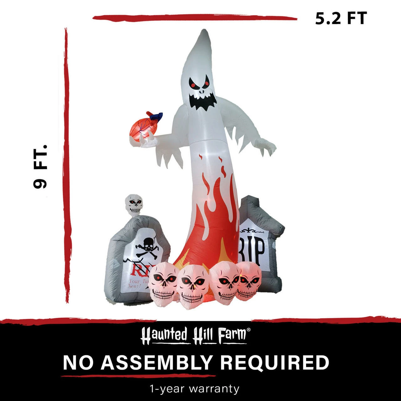 Fraser Hill Farm Haunted Hill Farm 9-Ft. Inflatable Pre-Lit Ghost With Heart And Tombstones - Image 4