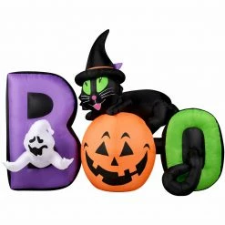 Fraser Hill Farm Haunted Hill Farm 5-Ft. Inflatable Pre-Lit Boo Sign W/ Black Cat, Jack-O-Lantern, Ghost