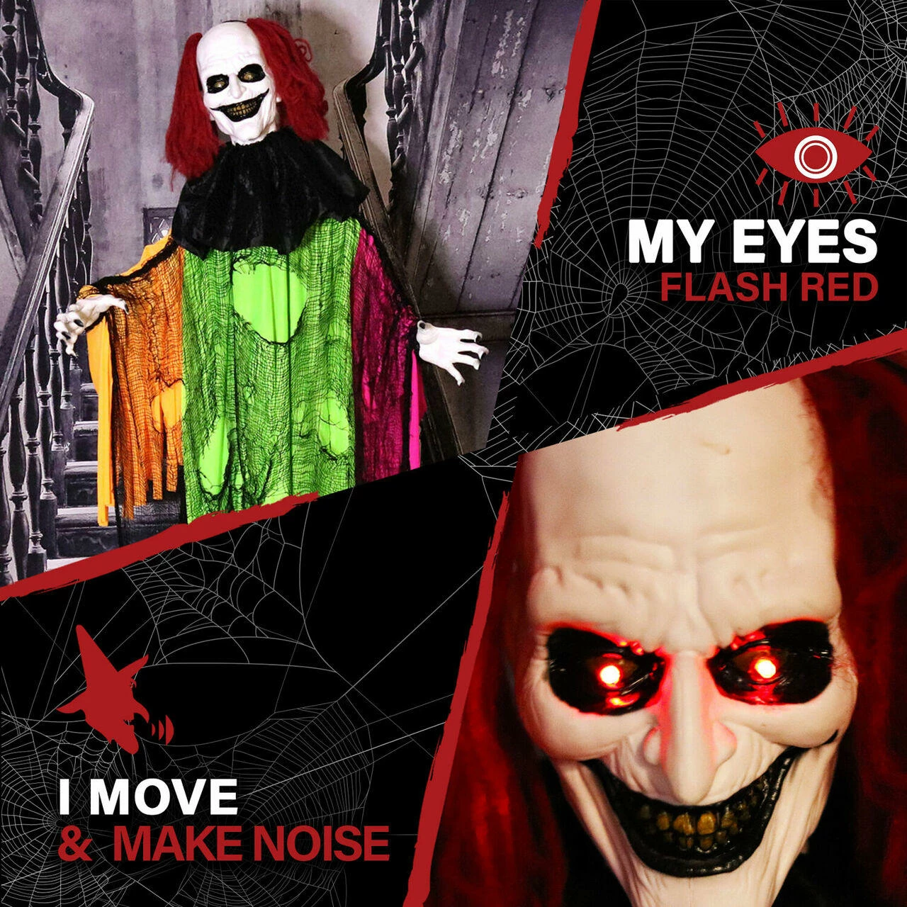 Fraser Hill Farm Haunted Hill Farm 5.8-Ft. Animatronic Clown, Red LED Eyes, Poseable, Battery, Spike - Image 4