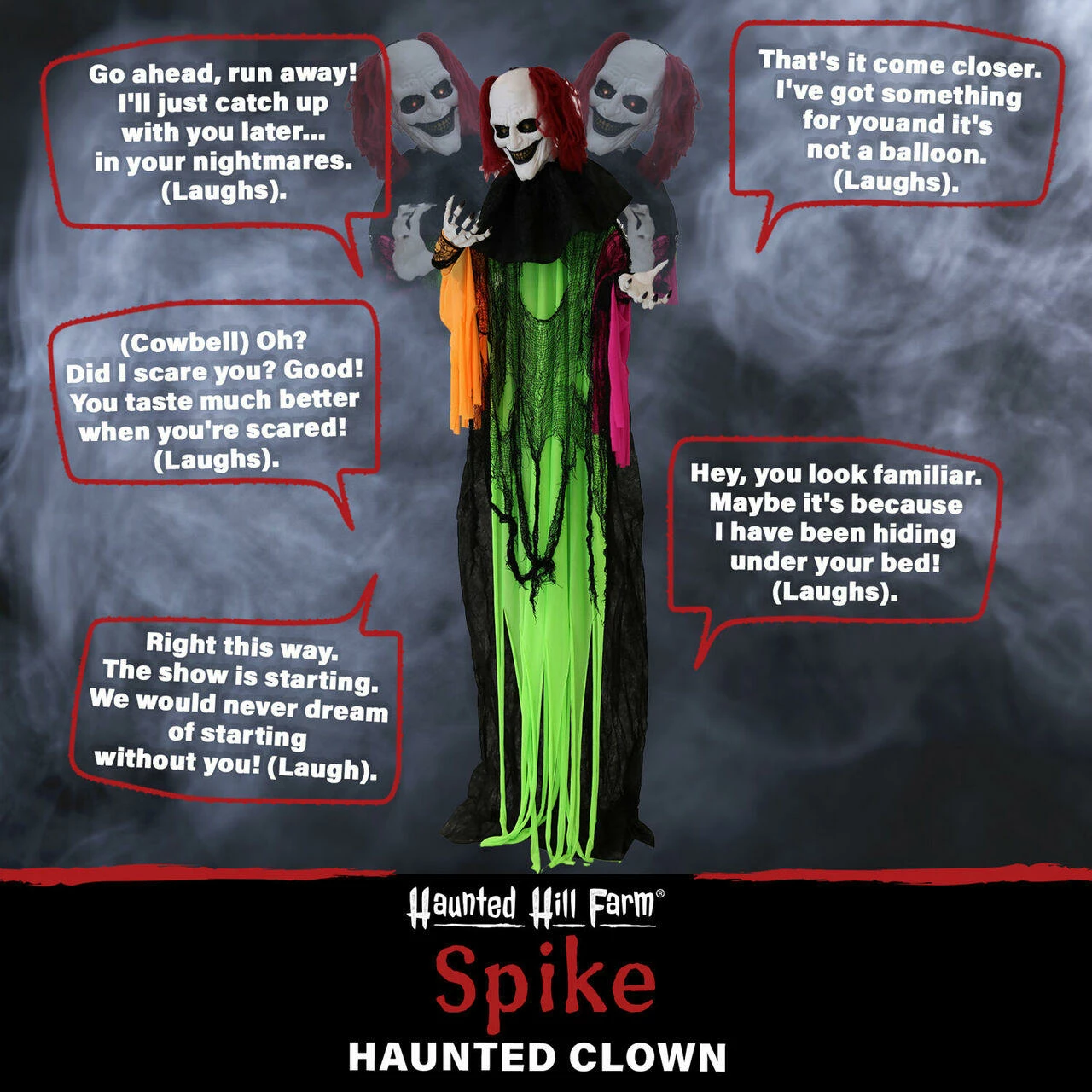 Fraser Hill Farm Haunted Hill Farm 5.8-Ft. Animatronic Clown, Red LED Eyes, Poseable, Battery, Spike - Image 5