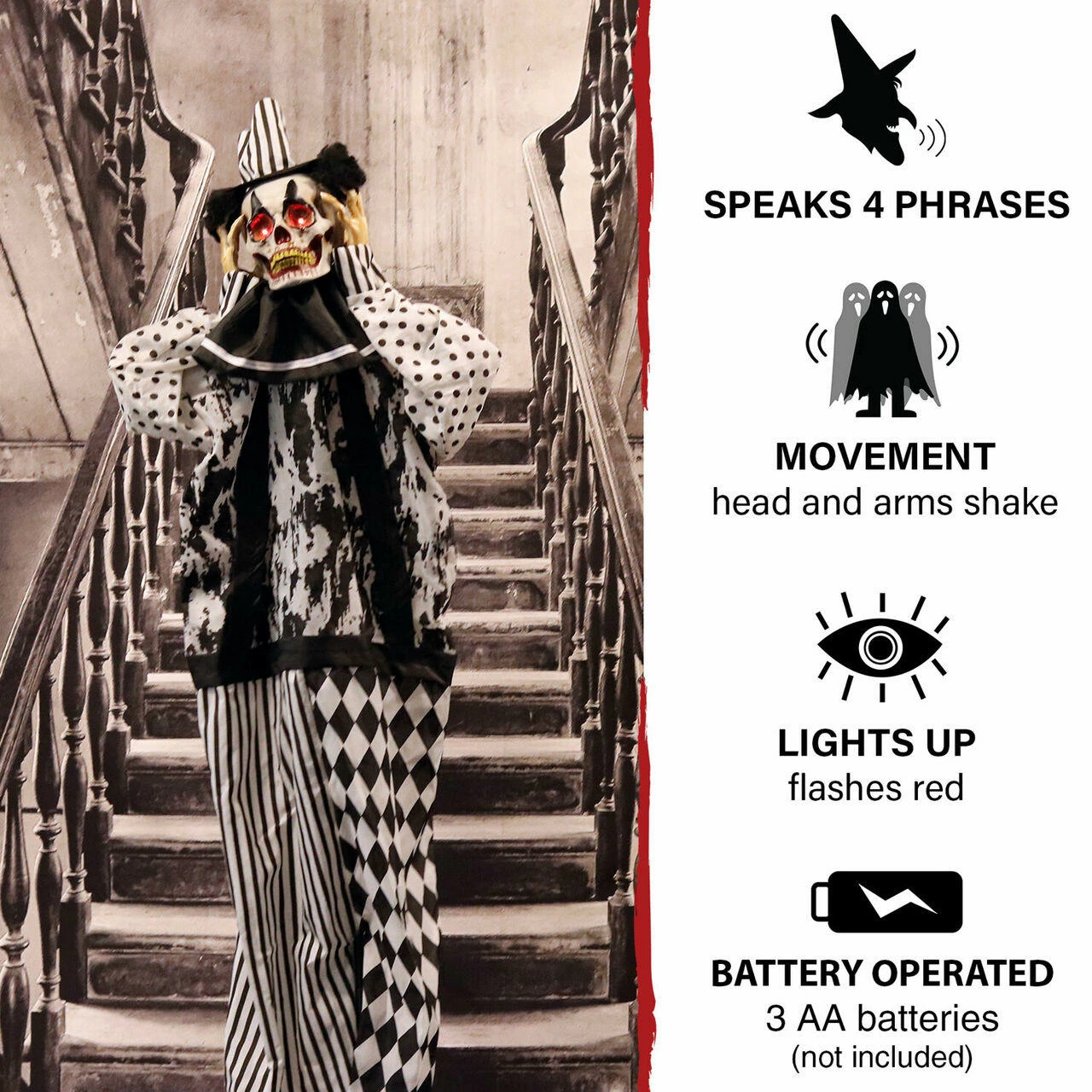 Fraser Hill Farm Haunted Hill Farm 5.75-Ft. Animatronic Clown, Red LED Eyes, Poseable, Battery, Tucker - Image 2