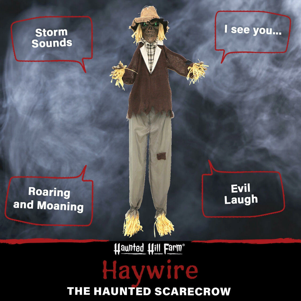 Fraser Hill Farm Haunted Hill Farm 6-ft. Standing Scarecrow, LED Green Eyes, Poseable, Battery, Haywire - Image 4