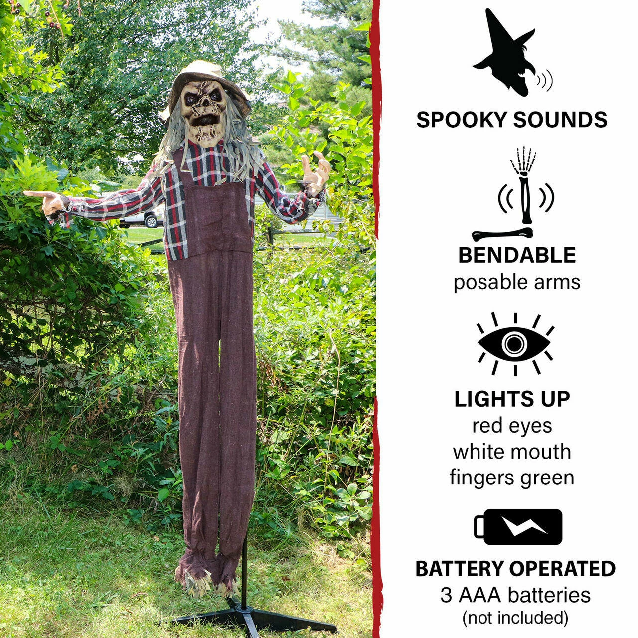 Fraser Hill Farm Haunted Hill Farm 5.5-ft. Animated Scarecrow, Indoor/Covered Outdoor Halloween Decoration, Multi LED, Poseable, Battery-Operated, Rodney, HHSCR-6FLSA - Image 4