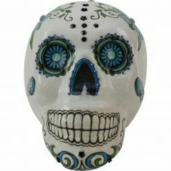 Fraser Hill Farm Haunted Hill Farm 5.5-in. White Sugar-Skull Day Of The Dead Decorative Skull W/ Black & Blue Accents