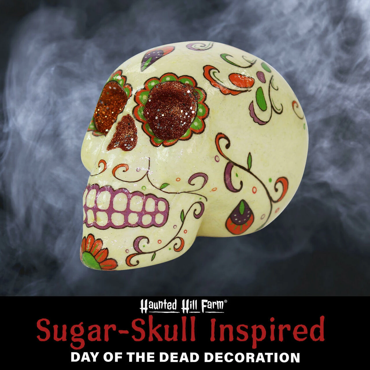 Fraser Hill Farm Haunted Hill Farm 5.5-in. Off-White Sugar-Skull Day Of The Dead W/ Orange, Purple, Green - Image 3