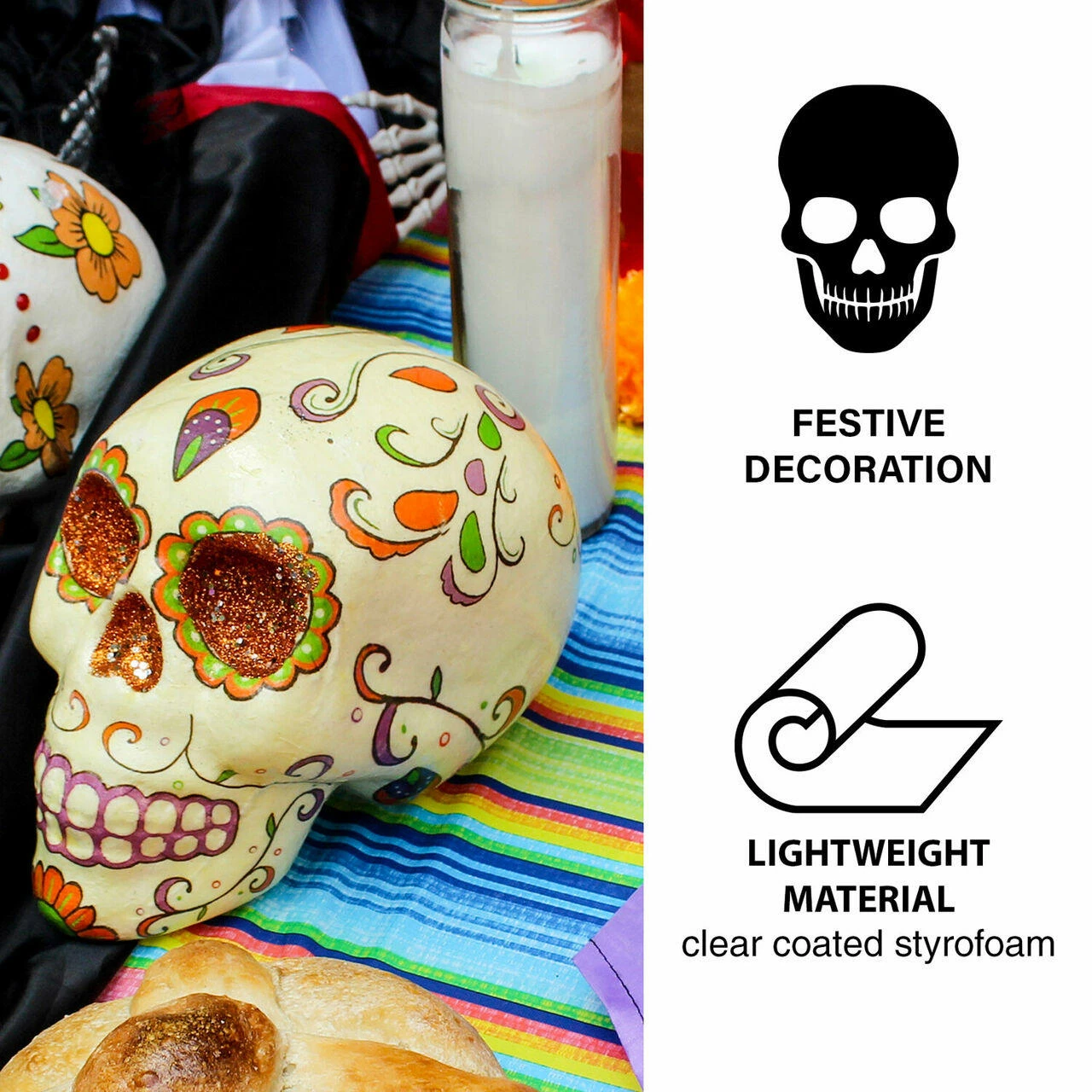 Fraser Hill Farm Haunted Hill Farm 5.5-in. Off-White Sugar-Skull Day Of The Dead W/ Orange, Purple, Green - Image 4