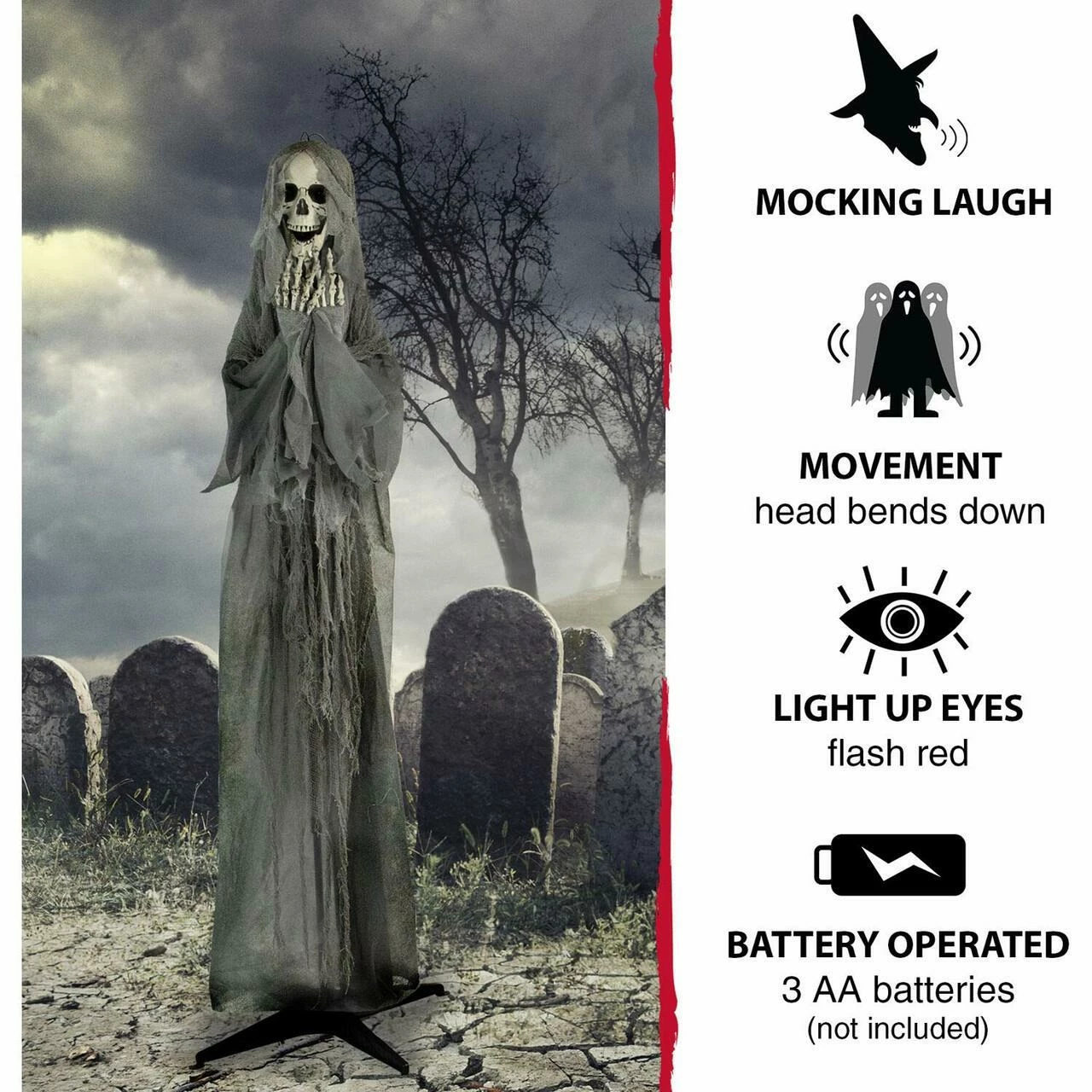 Fraser Hill Farm Haunted Hill Farm 71-In. Ruthless The Mocking Reaper, Indoor Or Outdoor Animated Halloween Decoration, Poseable, Battery-Operated, HHSKEL-5FLSA - Image 5