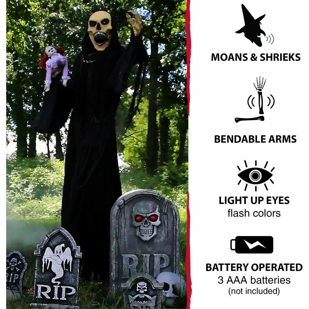 Fraser Hill Farm Life-Size Poseable Animatronic Reaper With Flashing Colorful Eyes (Frank) - Image 4