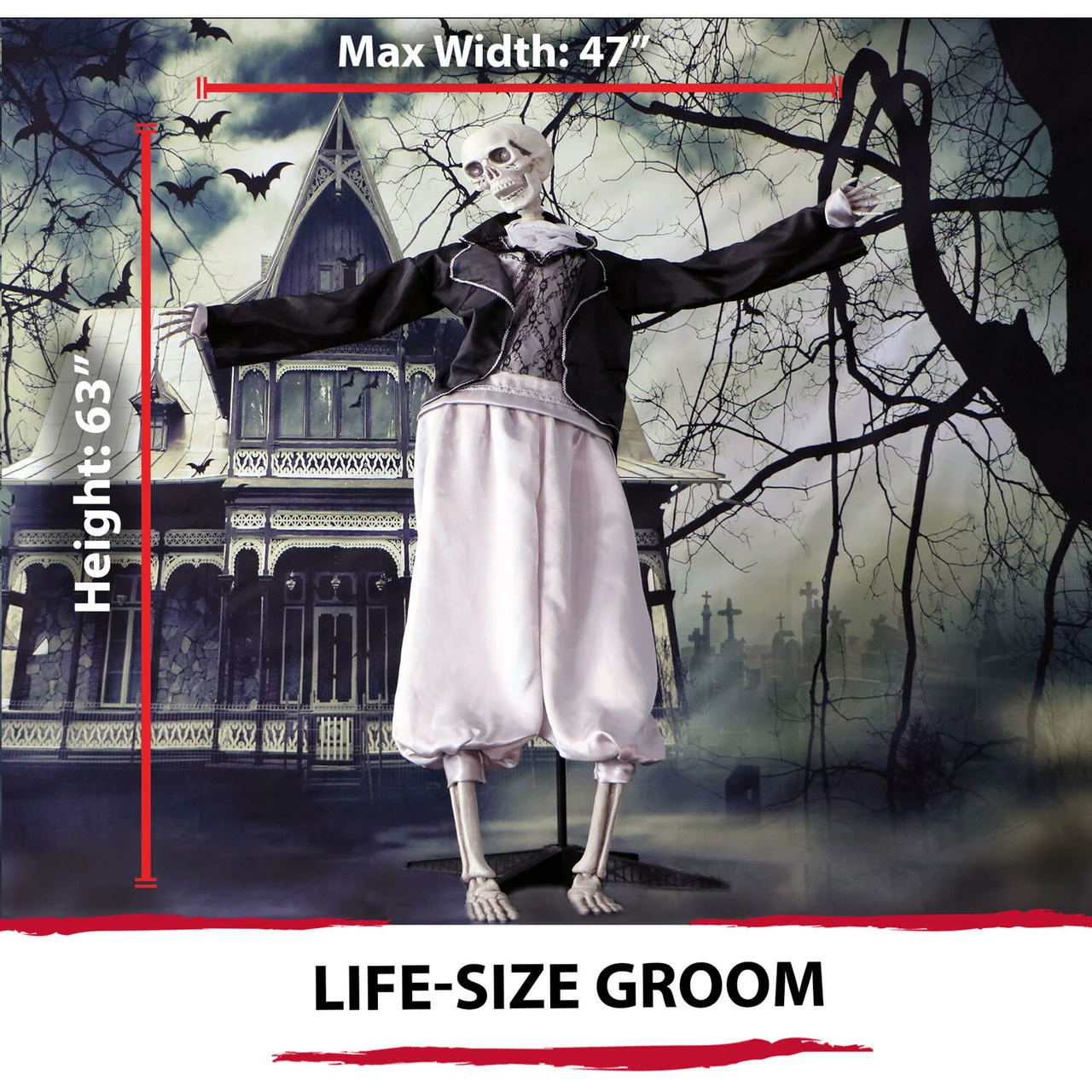 Fraser Hill Farm Haunted Hill Farm 63-In. Talking Skeleton Groom Prop W/ Flashing Eyes, Indoor Or Covered Outdoor Halloween Decoration, Battery-Operated, Bones, HHRPR-1FL - Image 3
